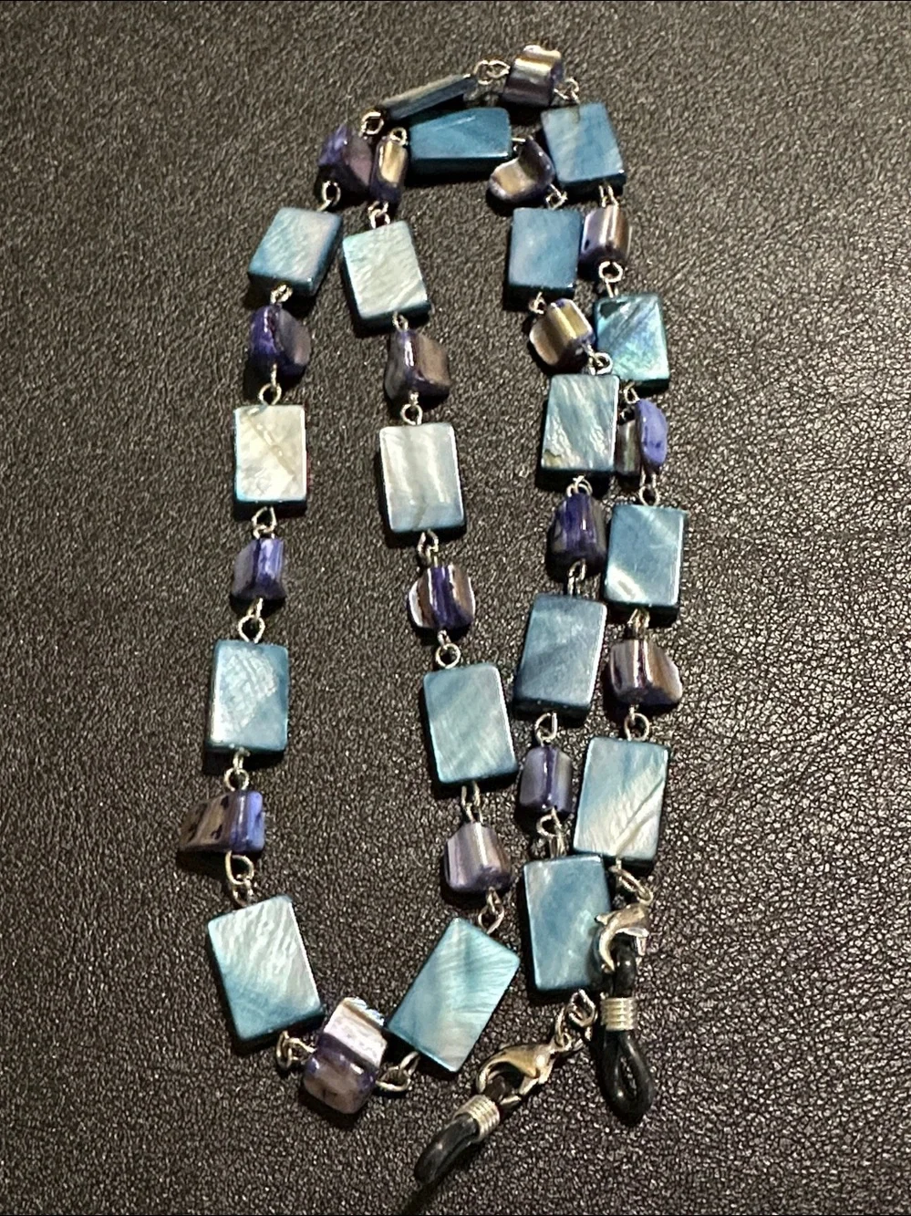 Rectangular Blue Shell & Purple Shell Chip Linked Eye Glass Holder Necklace